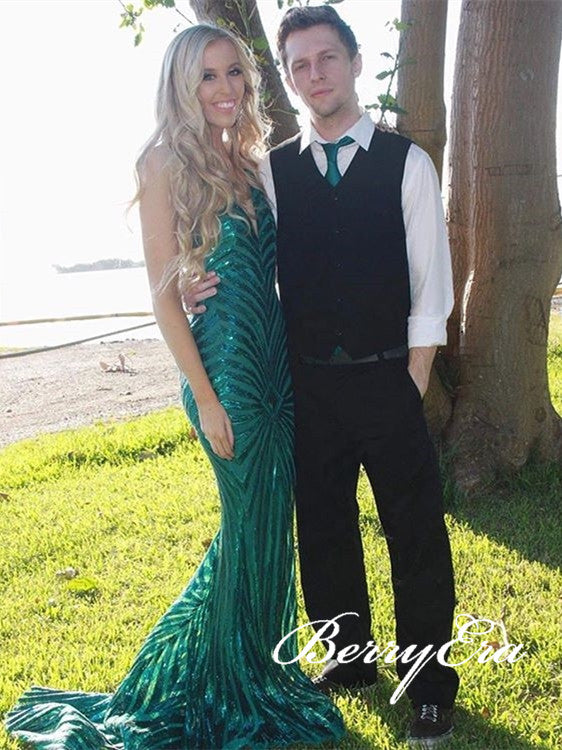 Green Sequin Tulle Long Prom Dresses, Backless Mermaid Prom Dresses, Long Prom Dresses