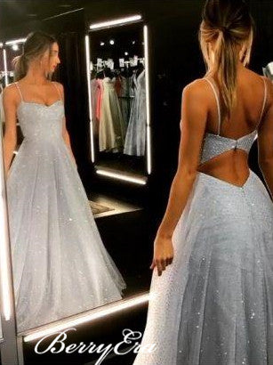 Grey Glitter Long A-line Prom Dresses, Formal Dresses