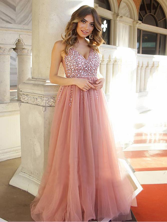 V-neck Dusty Pink Rhinestone Tulle Prom Dresses, Cheap Prom Dresses