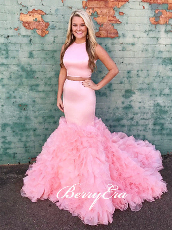 2 Pieces Pink Satin Top Fluffy Prom Dresses, Long Prom Dresses, Popular Prom Dresses