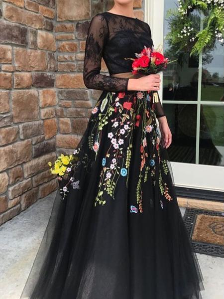 2 Pieces Black Lace Top Floral Tulle Prom Dresses, Newest Prom Dresses