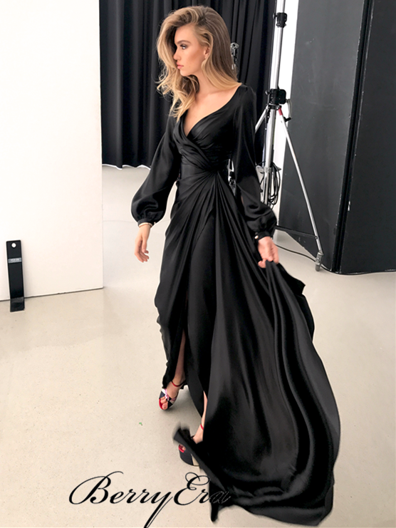 Black Long Sleeves Side Slit Soft Satin Prom Dresses, Newest Prom Dresses