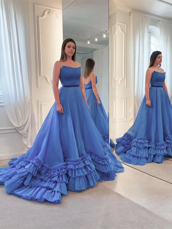 Strapless Blue Chiffon Ruffled Prom Dresses, Quinceanera Dresses, Long A-line Prom Dresses, 2022 Prom Dresses