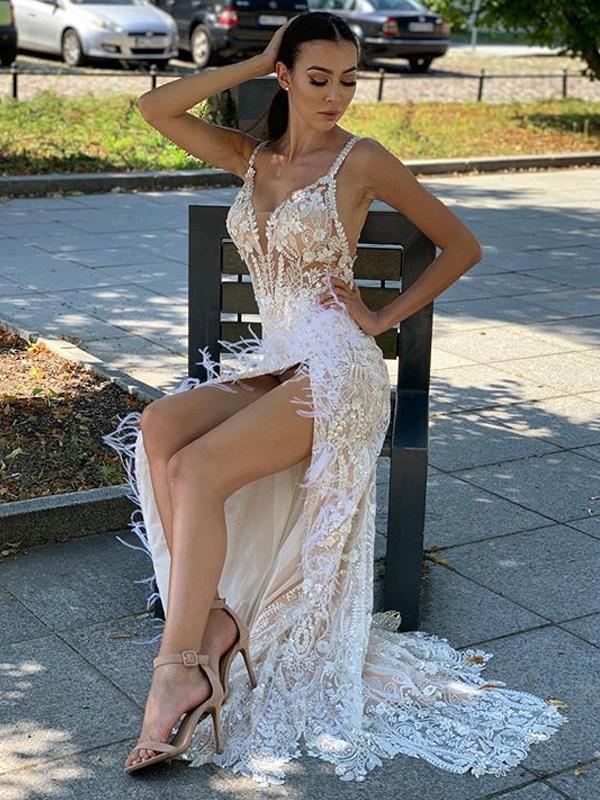 2021 V-Neck Lace Side Slit Mermaid Long Prom Dresses, Sexy Evening Party Prom Dresses