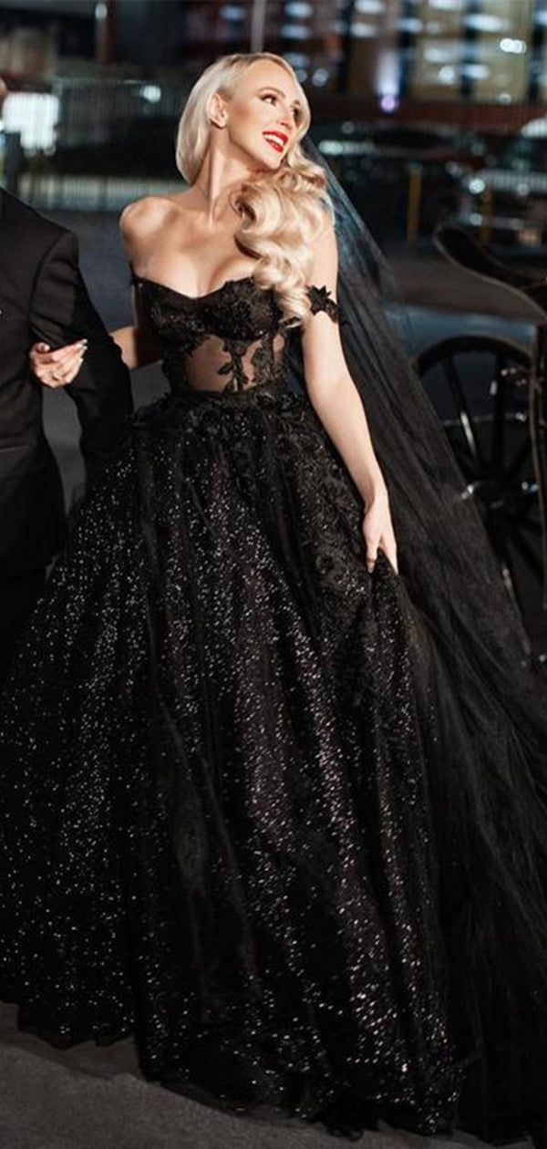 Fashion Black Color Off Shoulder Wedding Dresses, A-line Lace 2021 Popular Wedding Dresses