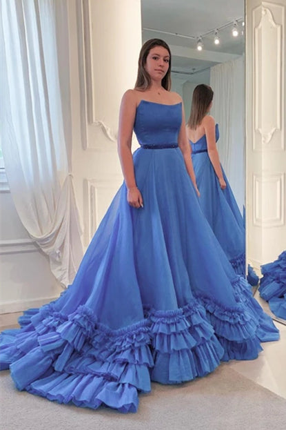 Strapless Blue Chiffon Ruffled Prom Dresses, Quinceanera Dresses, Long A-line Prom Dresses, 2022 Prom Dresses