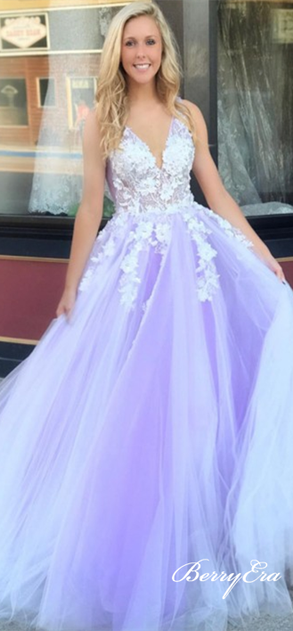 V-neck Long A-line Purple Tulle Lace Long Prom Dresses, New Arrival Prom Dresses