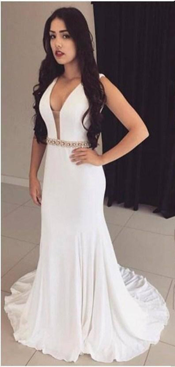 White Color Mermaid Long Prom Dresses, Cheap Beaded Prom Dresses