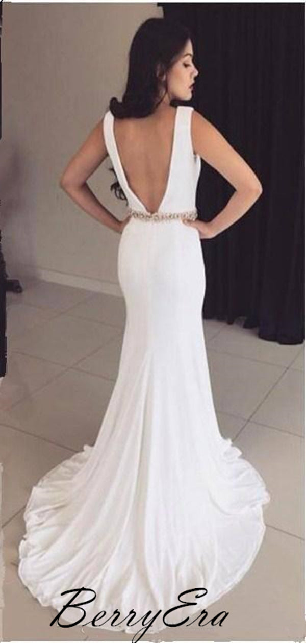 White Color Mermaid Long Prom Dresses, Cheap Beaded Prom Dresses