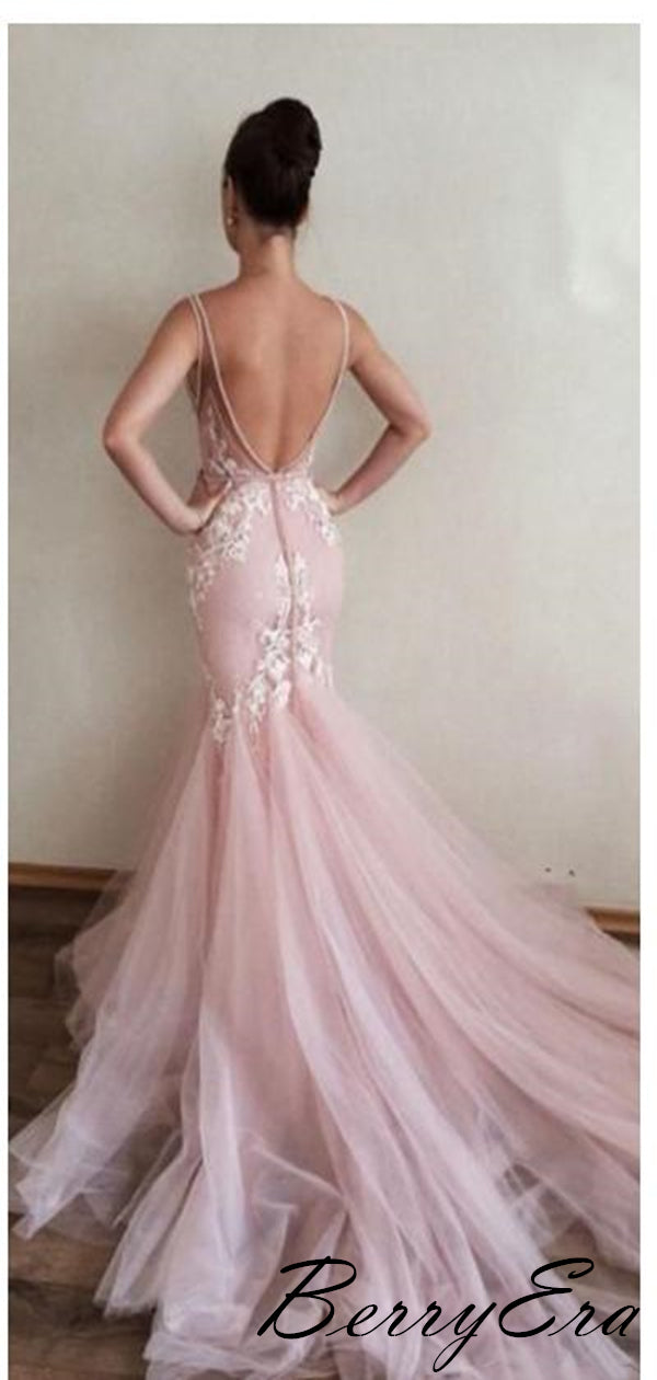 Pink Sweet Lace Long Prom Dresses, Mermaid Tulle Party Prom Dresses