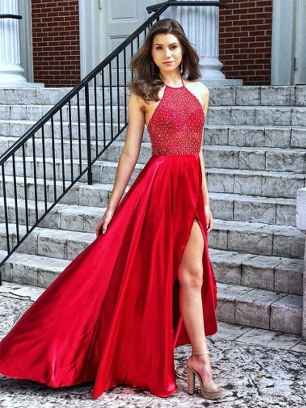 Halter Red Beaded Long A-line Side Slit Prom Dresses