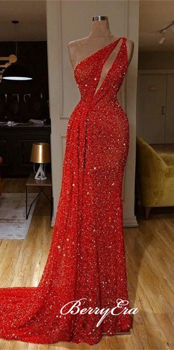 One Shoulder Long Sheath Red Sequin Prom Drsses, Sexy Long Prom Dresses, Long Prom Dreses