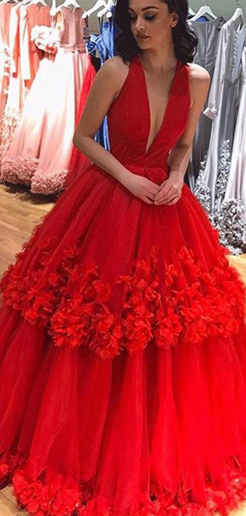Deep V-neck Long A-line Red Tulle Hand Made Flowers Prom Dresses