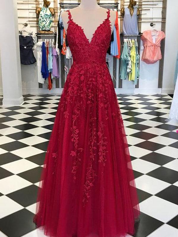 Fancy Lace Long A-line Tulle Red Evening Party Prom Dresses