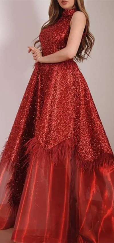 High Neck Red Sequin Organza Prom Dresses With Feathers, Long Prom Dresses, Popular Prom Dresses