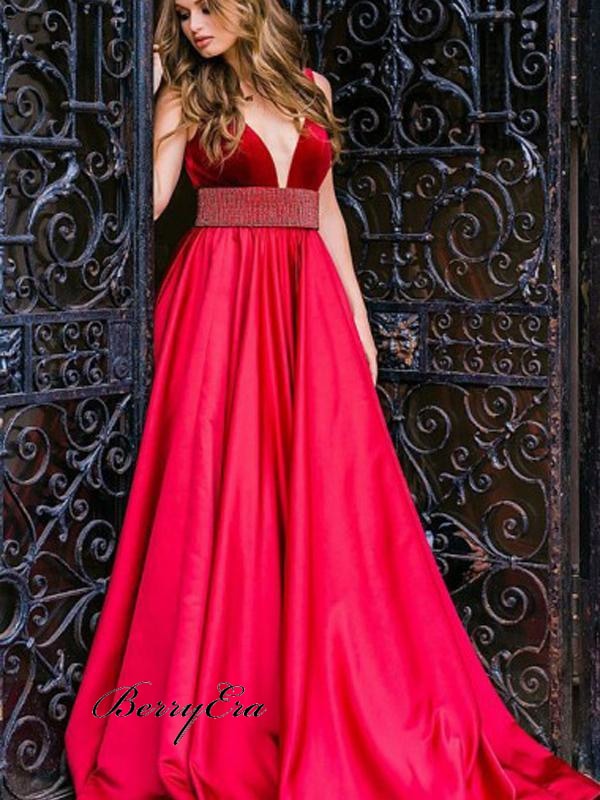 V-Neck Red Velvet Top Beaded Long Satin Prom Dresses Cheap Prom Dresses