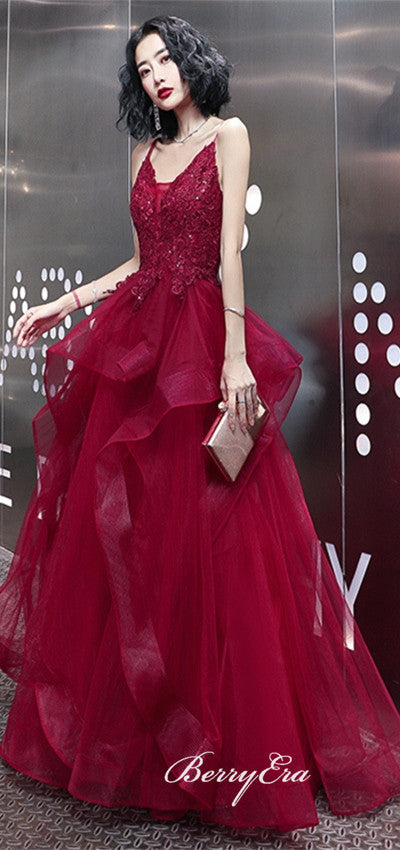 Spaghetti Long A-line Red Lace Beaded Prom Dresses, Lovely Long Prom Dresses, Prom Dresses