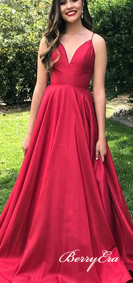 Spaghetti Long A-line Red Satin Prom Dresses, Simple Prom Dresses, Long Popular Prom Dresses