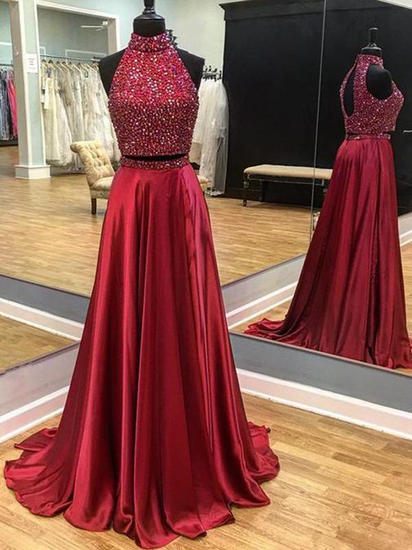 2 Pieces Beaded Long A-line Satin Prom Dresses