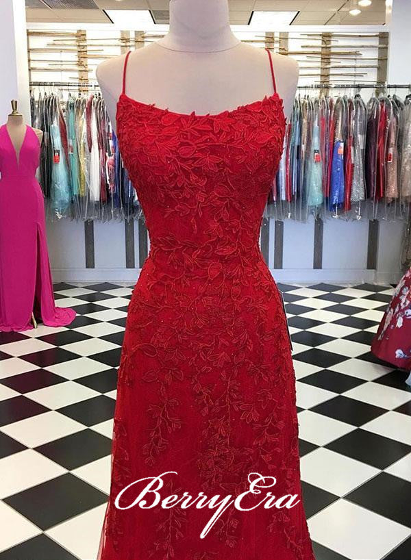 Cross Back Red Lace Long Prom Dresses, Popular Prom Dresses