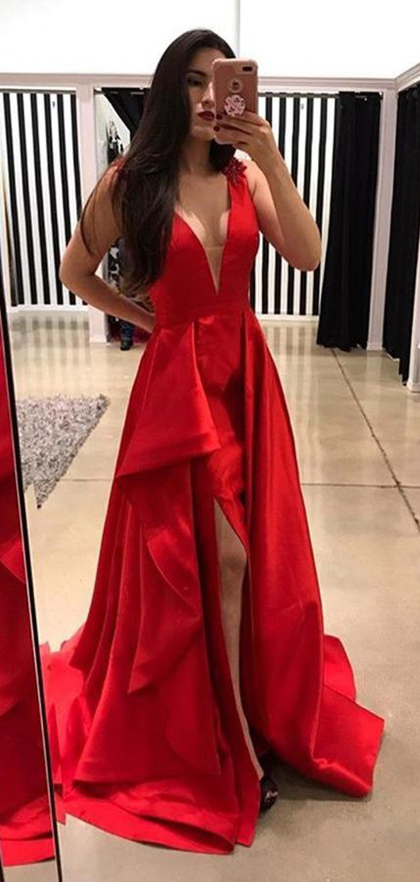 Long Chic Red Deep V Neck Prom Dresses Formal Party Dresses with Split Side