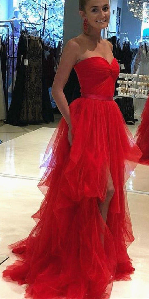 Sweetheart Long A-line Red Tulle Prom Dresses, Hi-low Prom Dresses, Popular Prom Dresses