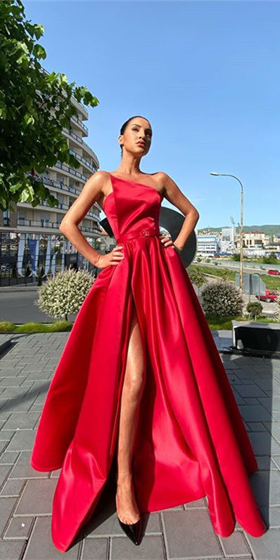 Strapless Long A-line Red Satin Prom Dresses, Simple Elegant Prom Dresses, 2021 Prom Dresses