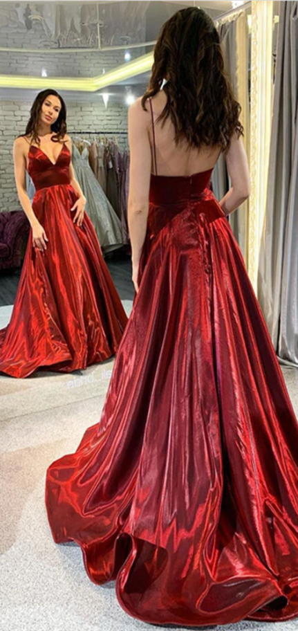 Spaghetti Long A-line Shiny Satin Prom Dresses, Long Prom Dresses, Burgundy Prom Dresses