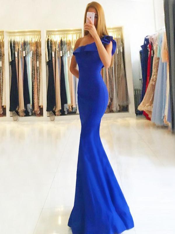 One Shoulder Long Mermaid Royal Blue Prom Dresses