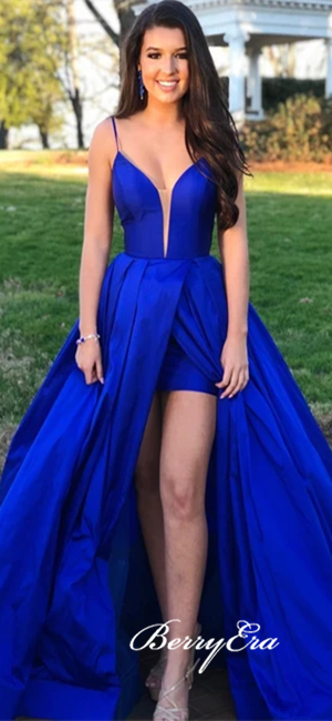 Spaghetti Long A-line Royal Blue Satin Prom Dresses, A-line Prom Dresses, 2020 Prom Dresses