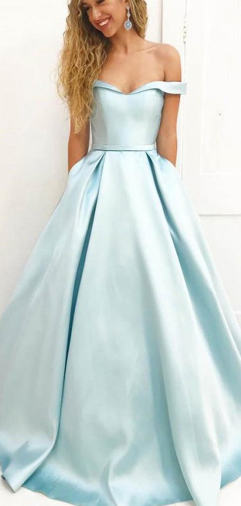 Off Shoulder Long A-line Pale Blue Satin Prom Dresses