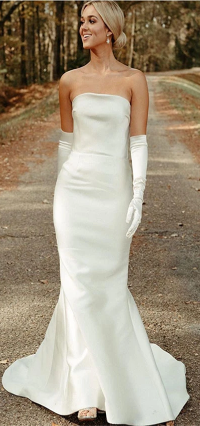 Strapless Long Mermaid Ivory Satin Wedding Gown With Gloves, Simple Elegant Wedding Dresses