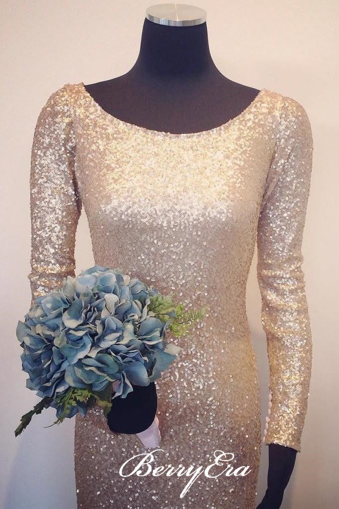 Long Sleeves Scoop Sheath Gold Sequin Bridesmaid Dresses