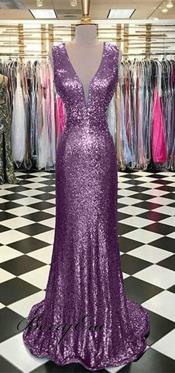 V-neck Long Mermaid Light Purple Sequin Prom Dresses, Sparkle Prom Dresses