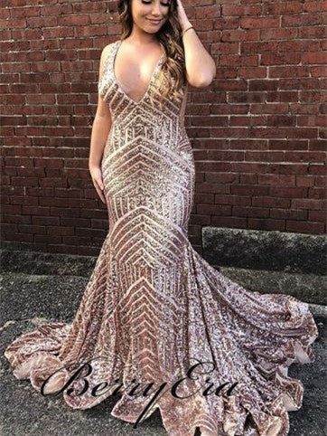 V-neck Rose Gold Sequin Mermaid Prom Dresses, Long Prom Dresses, Prom Dresses