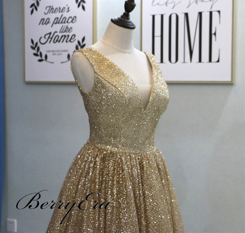 V-neck Long A-line Sequin Prom Dresses, Sparkle Prom Dresses