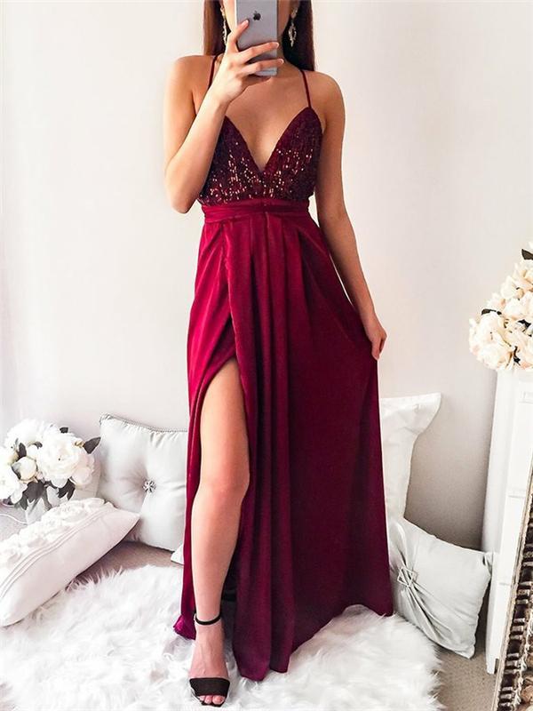 Simple Design Sequin Top Long A-line Prom Dresses