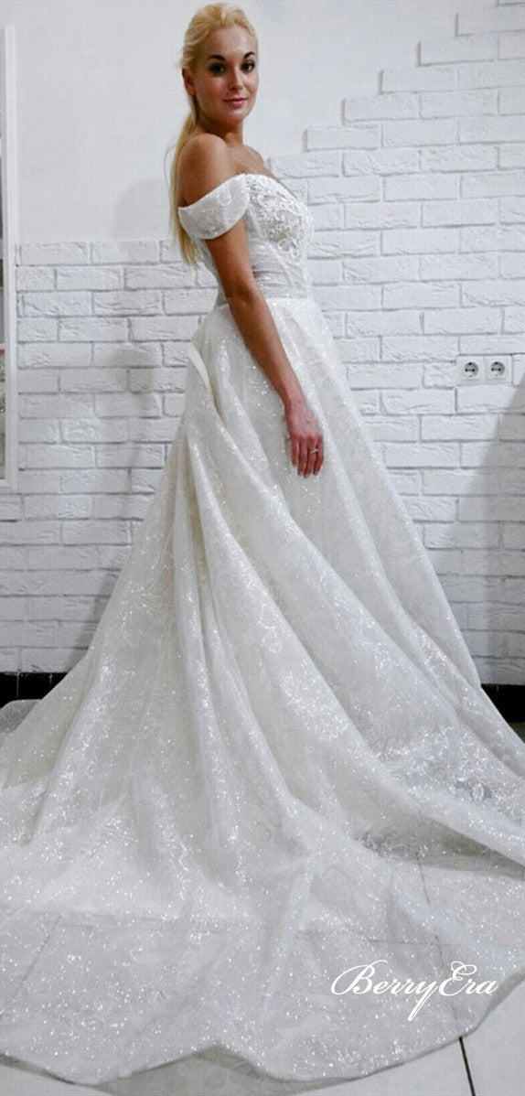 Off Shoulder Long A-line Lace Seuqin Wedding Dresses