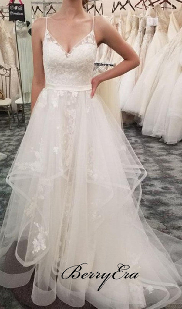 Tulle A-line Lace Wedding Dresses, Elegant Straps Wedding Dresses 2019