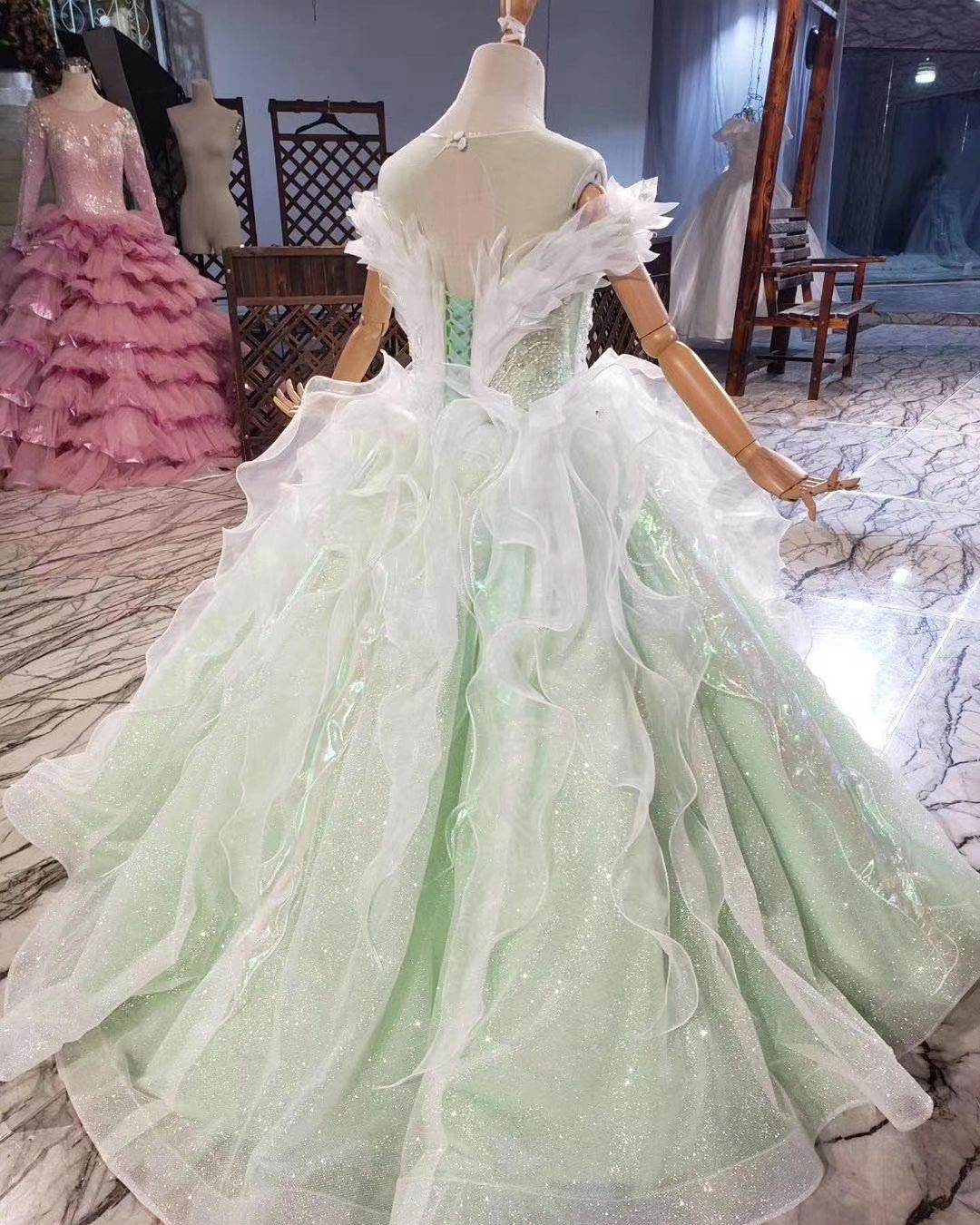 Mint Sparkle Organza Feather Wedding Gown, Long Bridal Dresses, Luxury Prom Gown, 2021 Prom Dresses