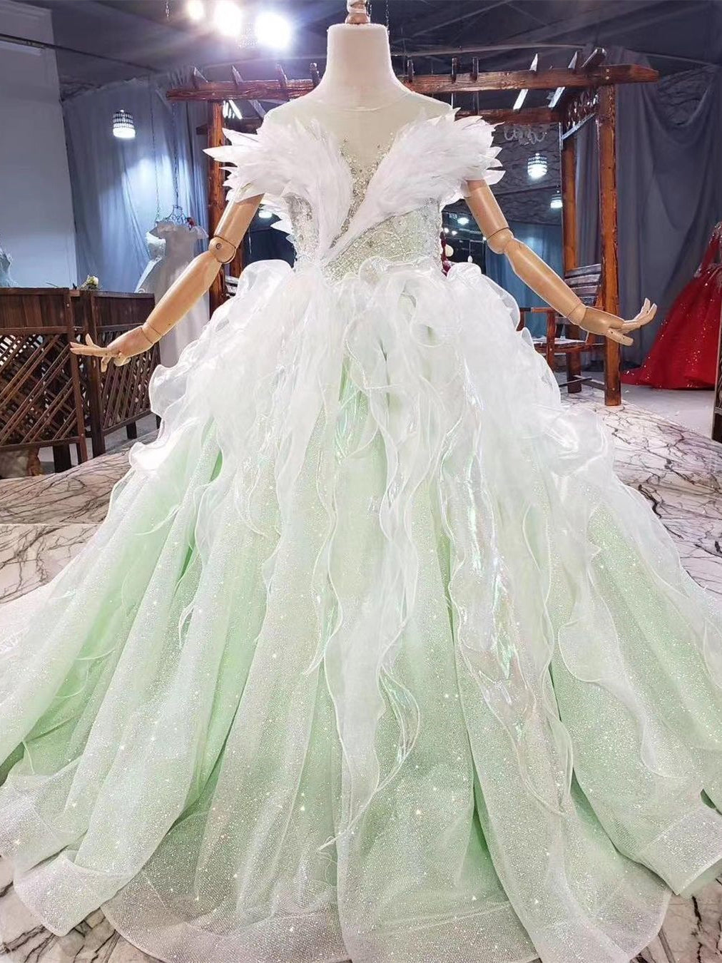 Mint Sparkle Organza Feather Wedding Gown, Long Bridal Dresses, Luxury Prom Gown, 2021 Prom Dresses