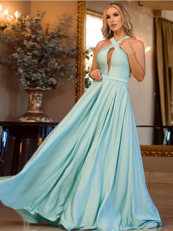 Simple Design Light Blue Satin A-line Prom Dresses