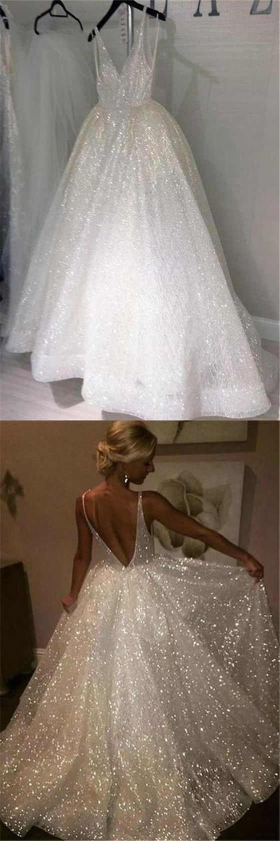 V-neck Long A-line Sparkle Wedding Dresses