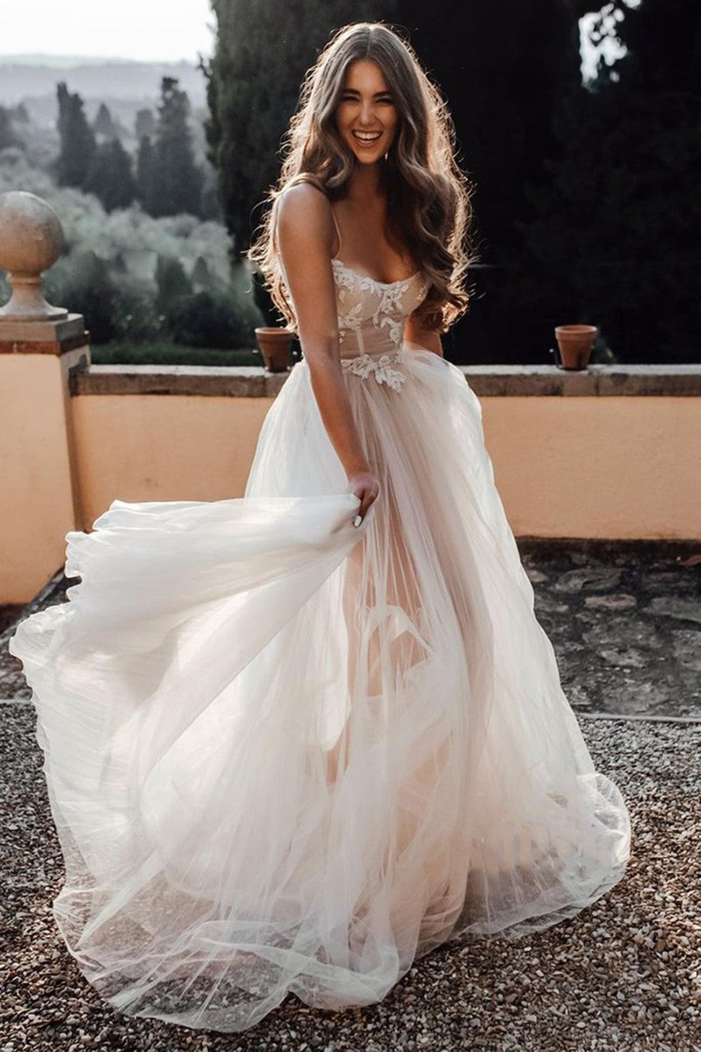 Spaghetti Straps Scoop Wedding Dresses, Tulle A Line Wedding Dresses, Lace Wedding Dresses