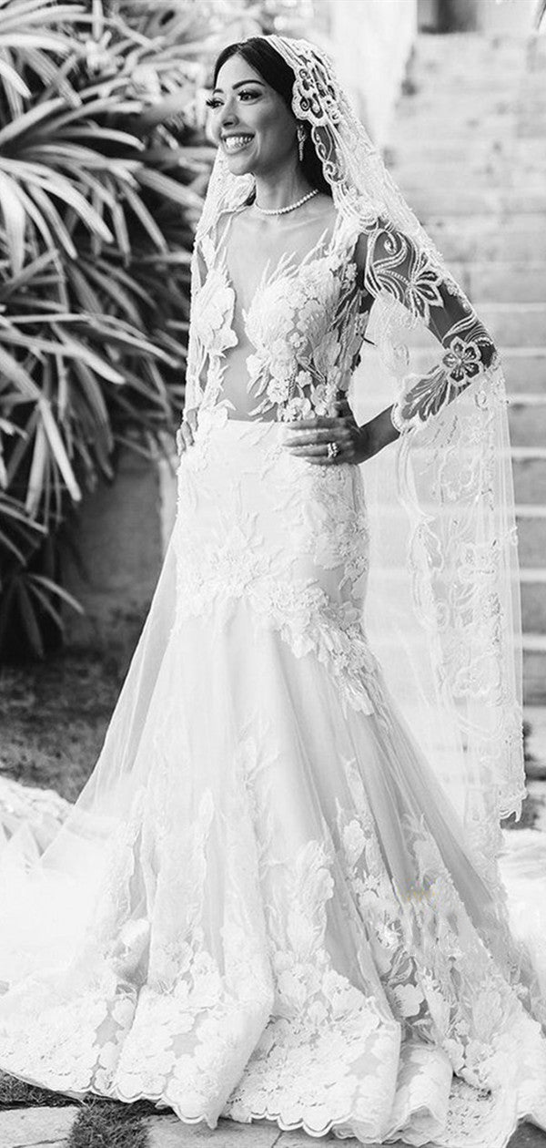 Mermaid Lace Tulle Popular Wedding Dresses, Illusion V-neck Plunging Wedding Dresses