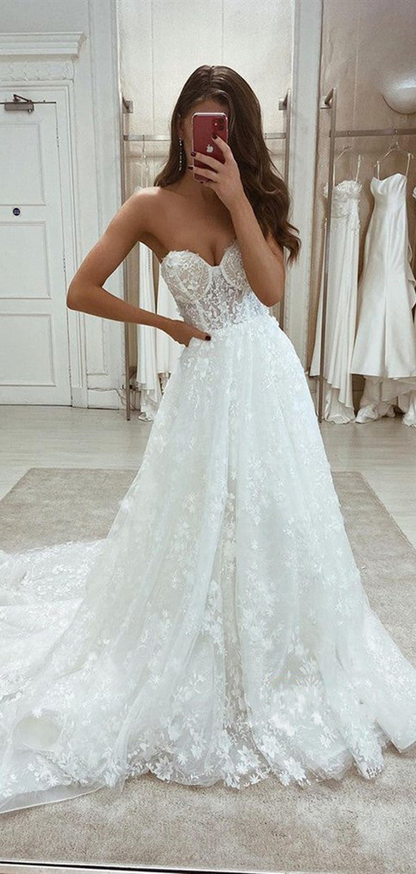 Unique Design 2021 Fashion Long Wedding Dresses, Sweetheart Lace A-line Wedding Dresses
