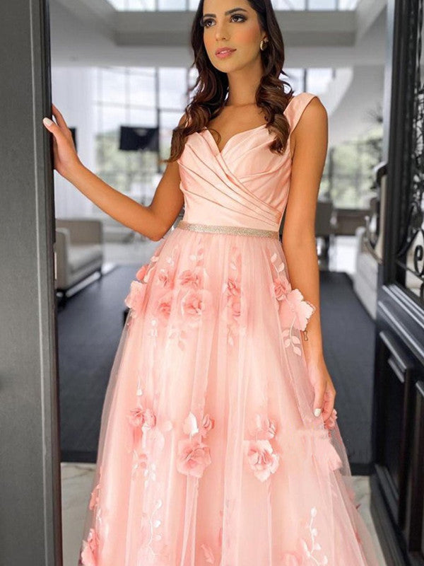 Plunging V-neck 3D Flower Long Prom Dresses, A-line Formal 2021 Newest Prom Dresses