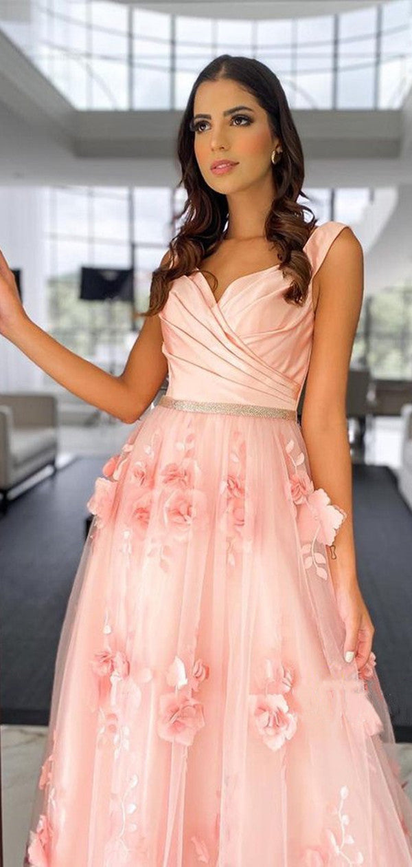 Plunging V-neck 3D Flower Long Prom Dresses, A-line Formal 2021 Newest Prom Dresses
