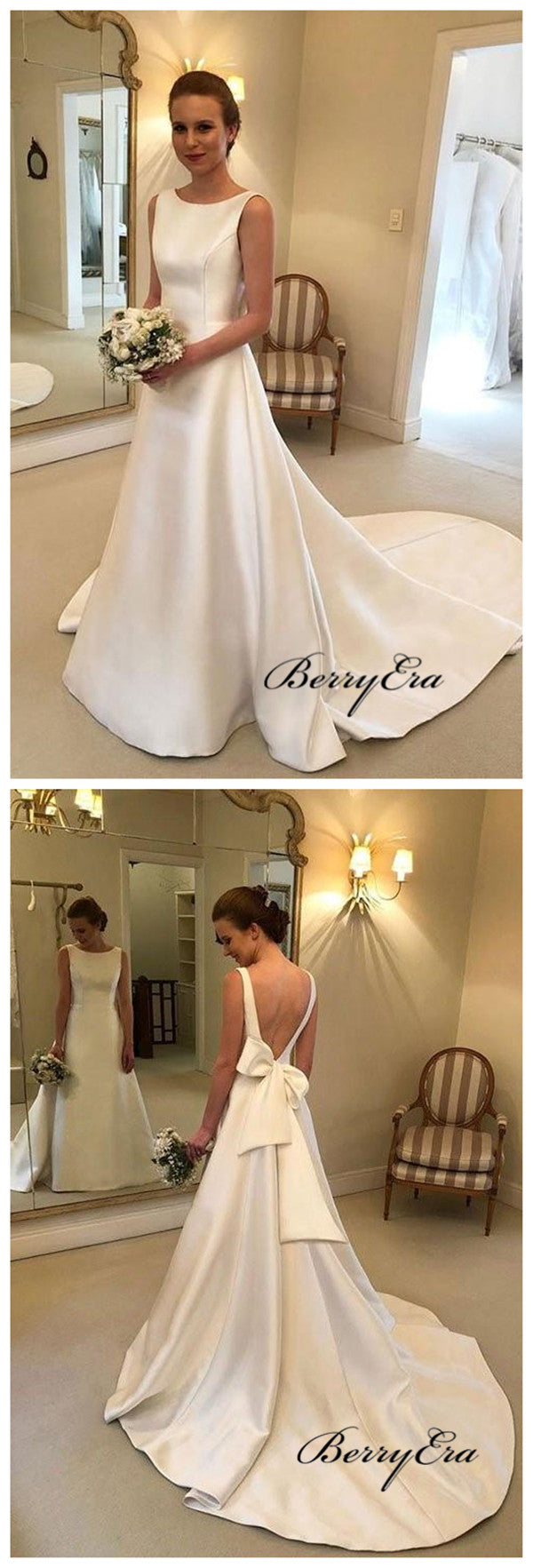 Newest Structured Satin Wedding Dresses with Bow Ribbon Sash Back, Bridal Gowns