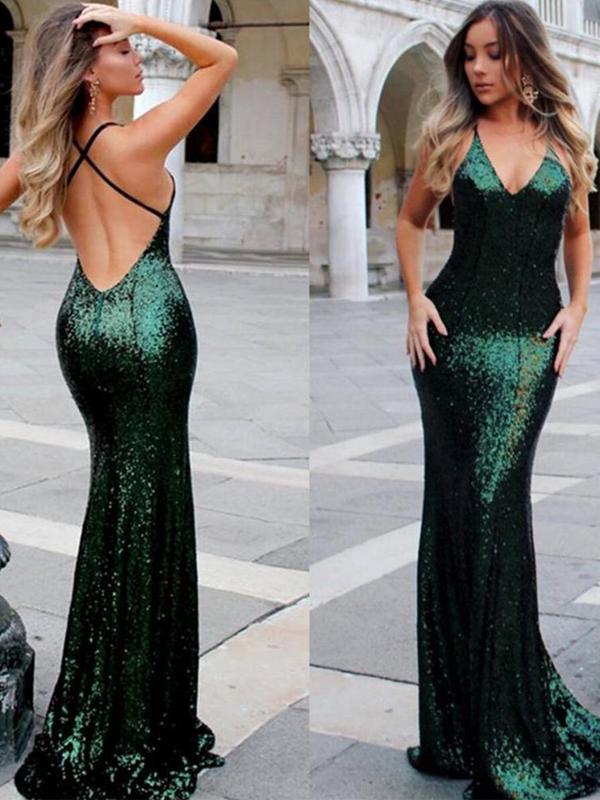 Emerald Green V-neck Emerald Green Sequin Mermaid Prom Dresses